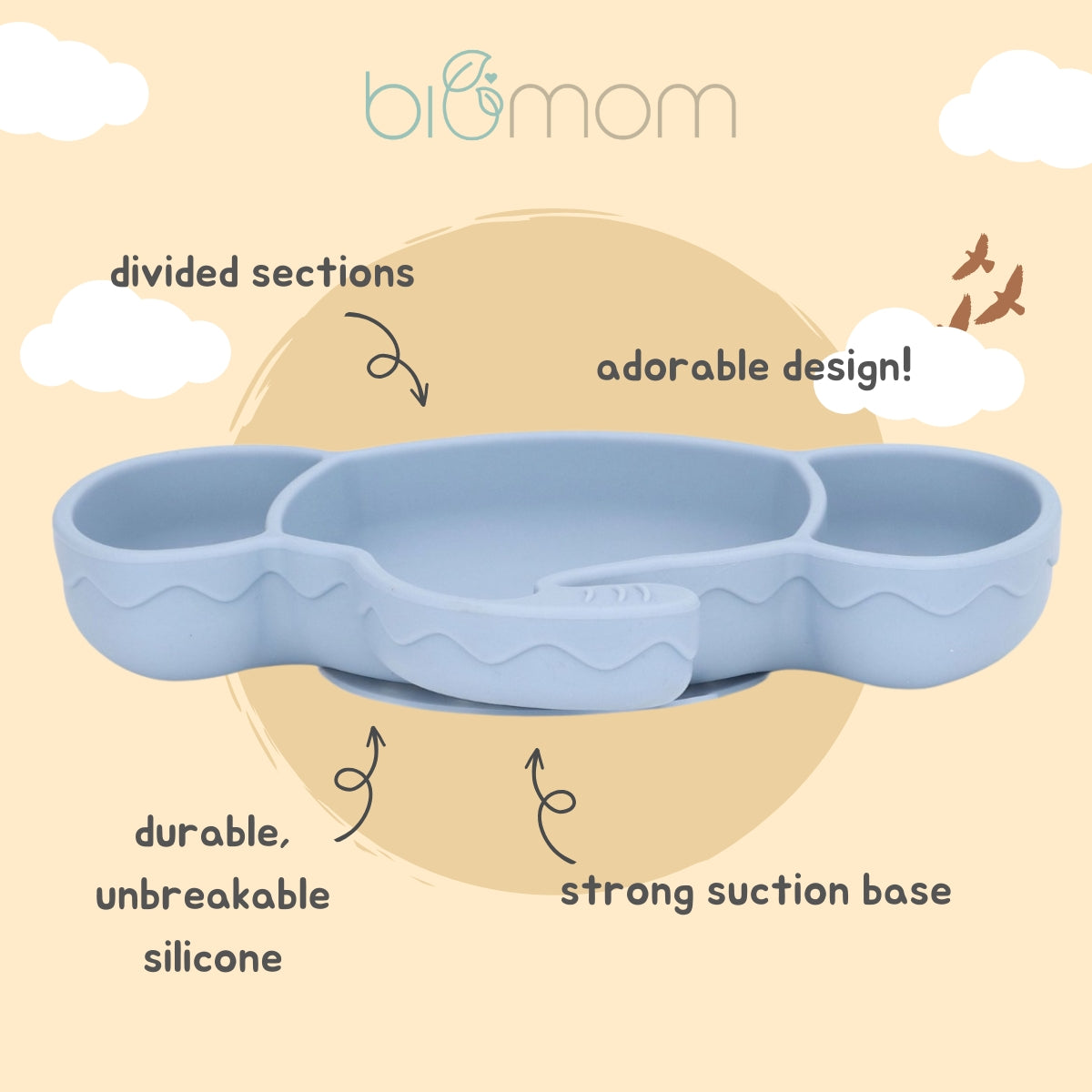 Biomom Baby Silicone Elephant Divided Suction Plate - Mint