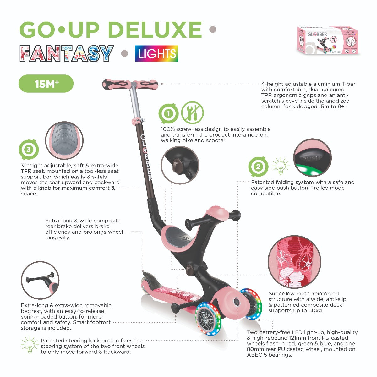 Globber GO•UP Deluxe Fantasy Lights Convertible Foldable Scooter (LED Wheels) - 3 Designs