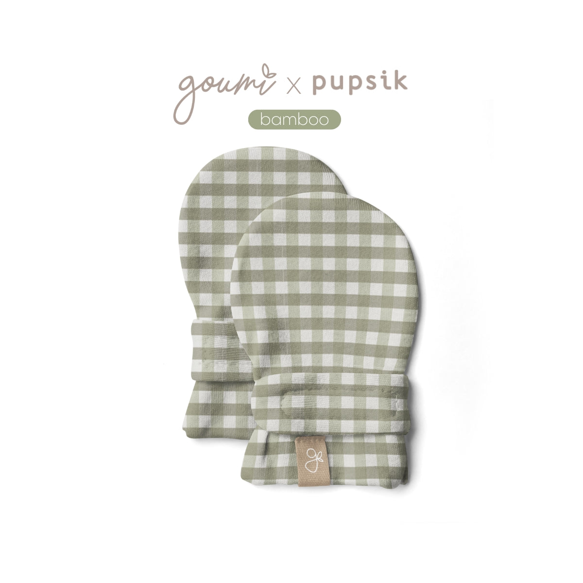 Goumi x Pupsik Bamboo Stay On Mitts – Green Gingham (2 Sizes)