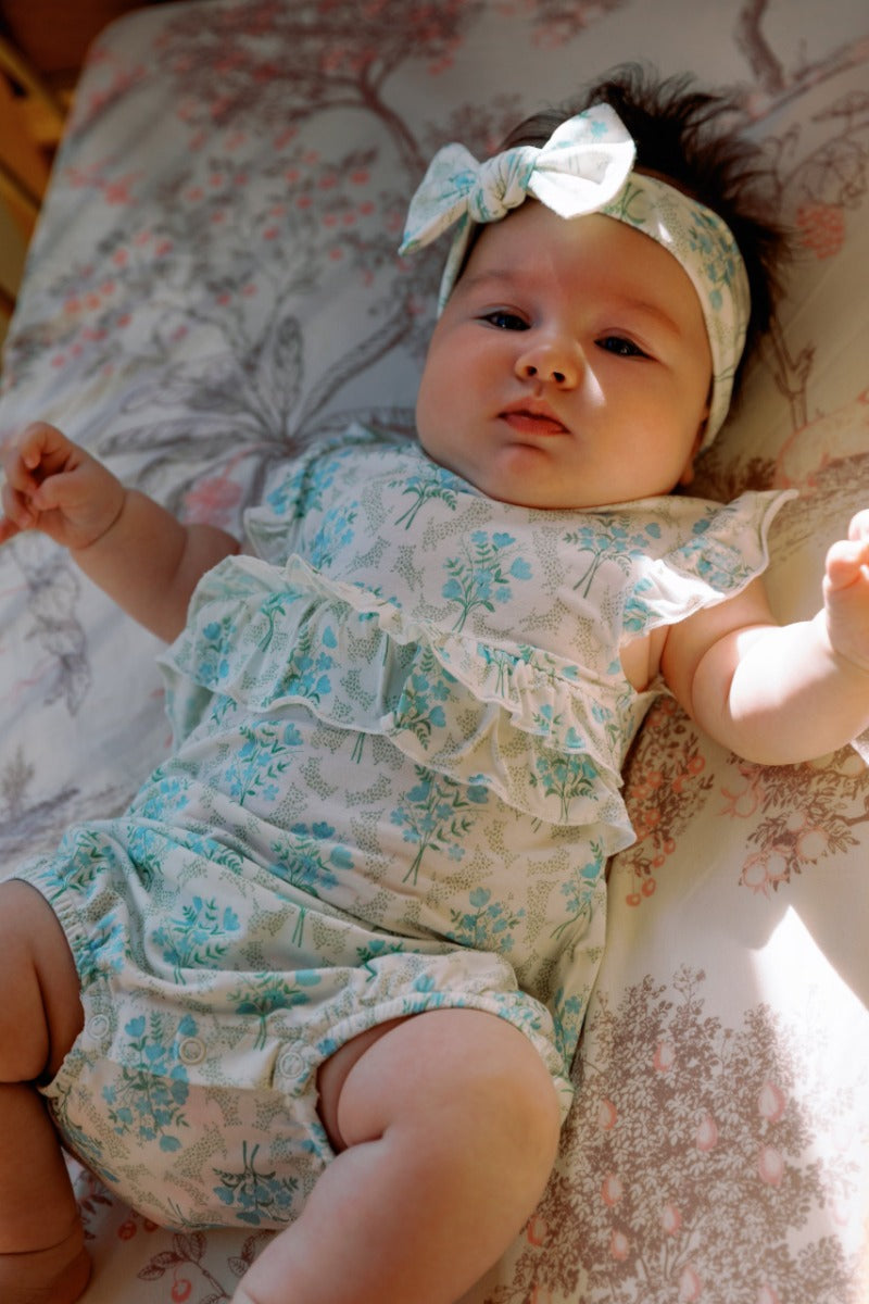 House of Holly Cap Sleeve Ruffle Romper - Victorian (Blue Posies) in White (5 Sizes)