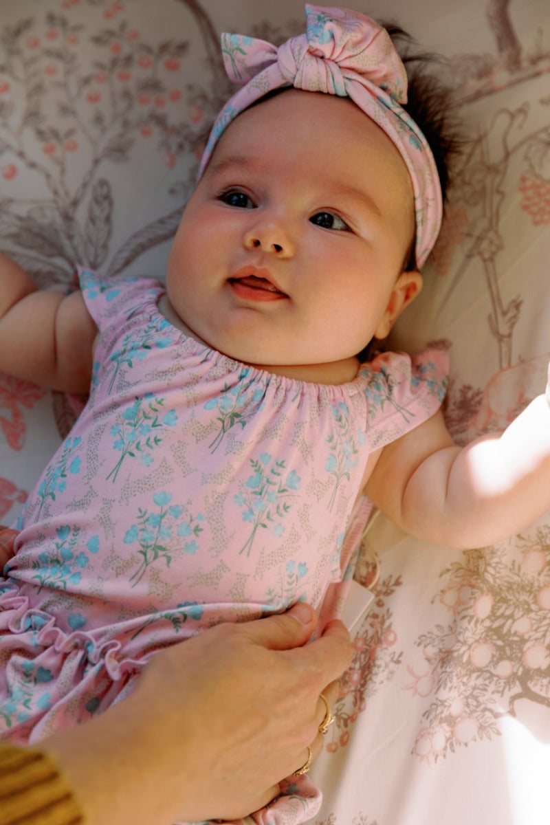 House of Holly Tiered Dress Romper - Victorian (Blue Posies) in Pink (3 Sizes)