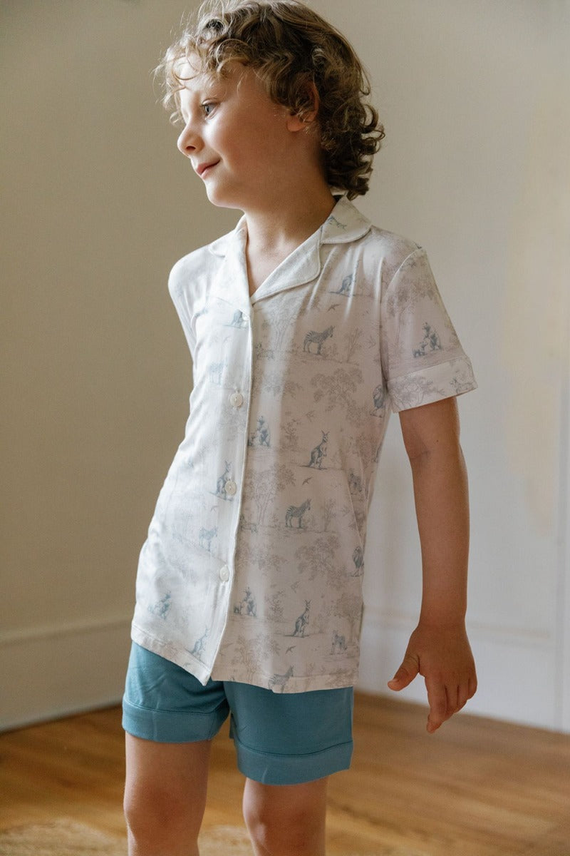 House of Holly Open-Collar Shirt and Shorts Set - Wild Toile Grey/Teal (2 Sizes)