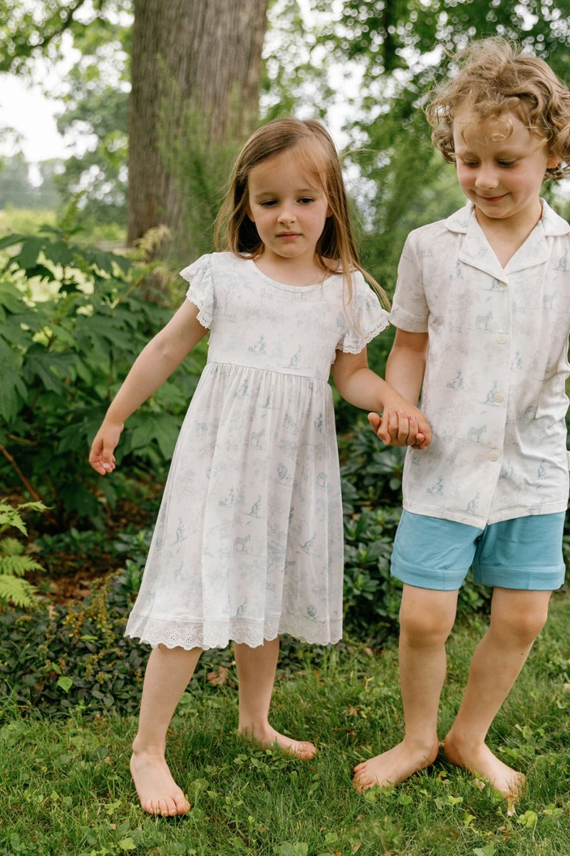 House of Holly Open-Collar Shirt and Shorts Set - Wild Toile Grey/Teal (2 Sizes)