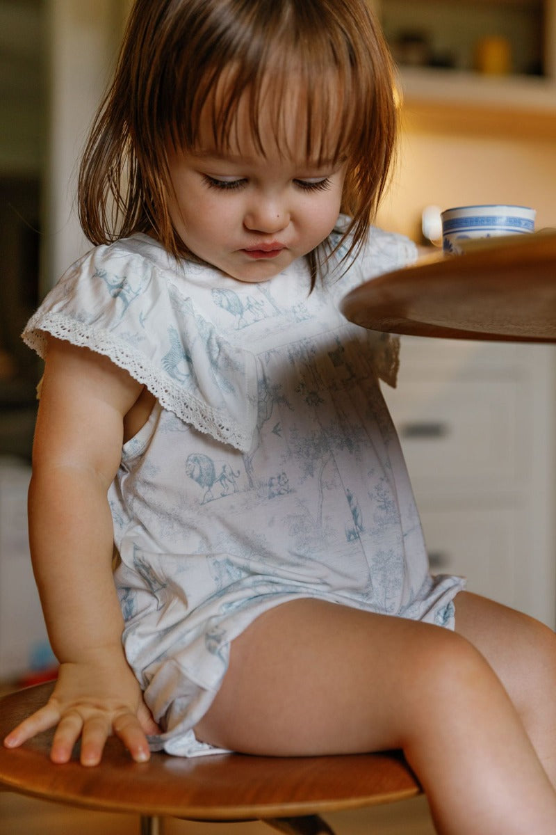 House of Holly Flutter Broderie Romper - Wild Toile Blue (4 Sizes)