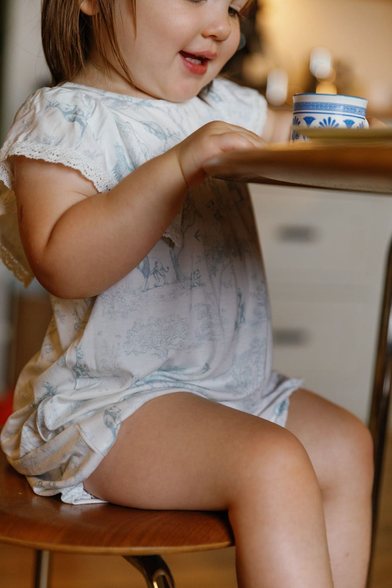 House of Holly Flutter Broderie Romper - Wild Toile Blue (4 Sizes)