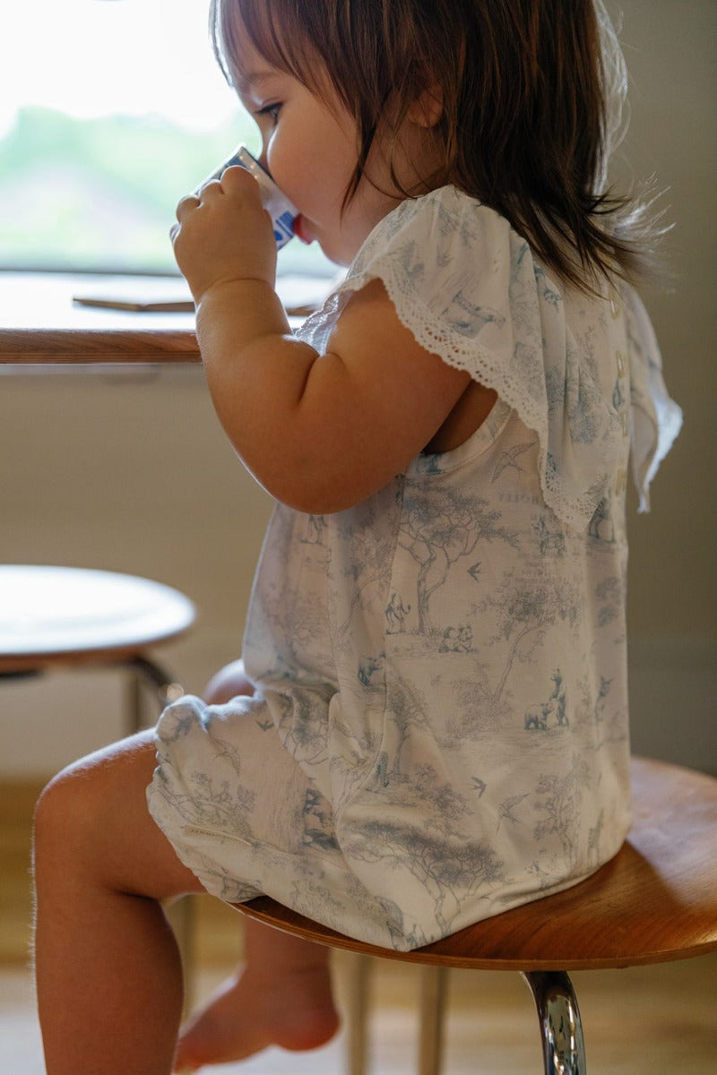 House of Holly Flutter Broderie Romper - Wild Toile Blue (4 Sizes)