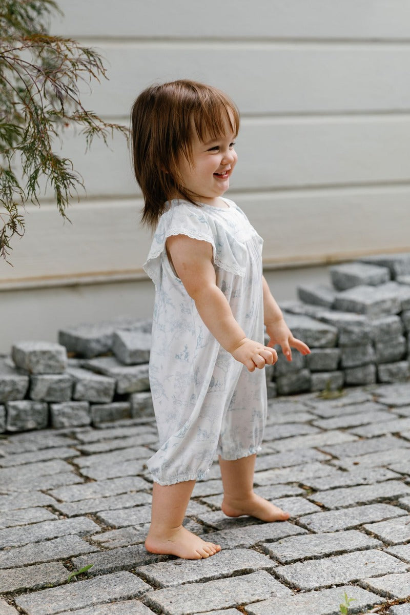 House of Holly Flutter Broderie Romper - Wild Toile Blue (4 Sizes)