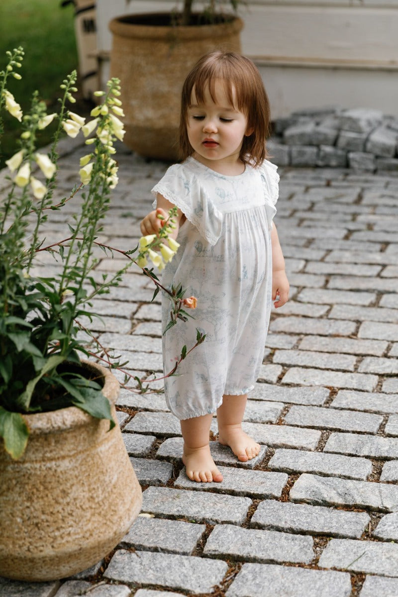 House of Holly Flutter Broderie Romper - Wild Toile Blue (4 Sizes)