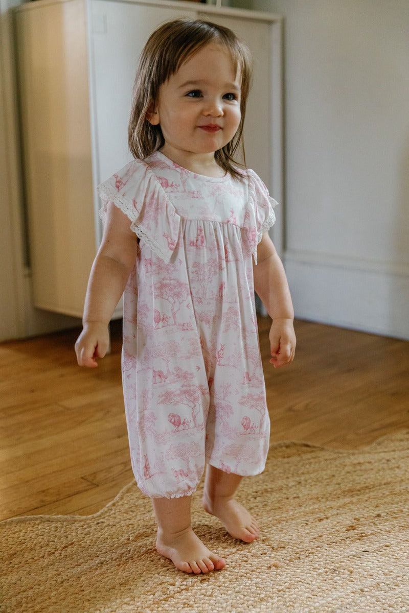 House of Holly Flutter Broderie Romper - Wild Toile Pink (4 Sizes)
