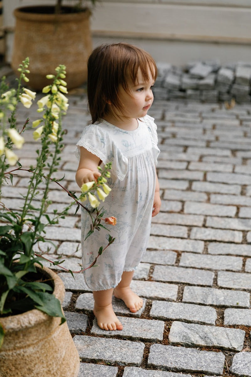 House of Holly Flutter Broderie Romper - Wild Toile Blue (4 Sizes)