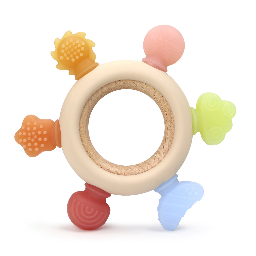 Biomom In The Sky Silicone Wooden Ring Sensory Teether (3 Colors)