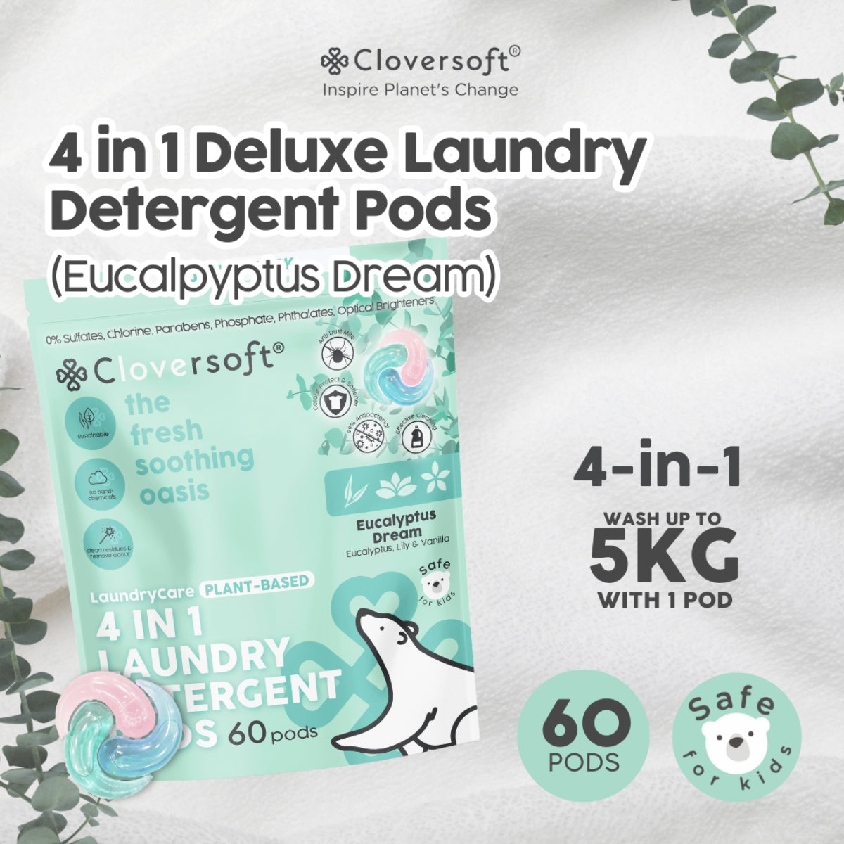 Cloversoft 4-in-1 Deluxe Plus+ Plant-Based Laundry Pods, 60 Pods - Eucalyptus Dream (Exp 08/27)
