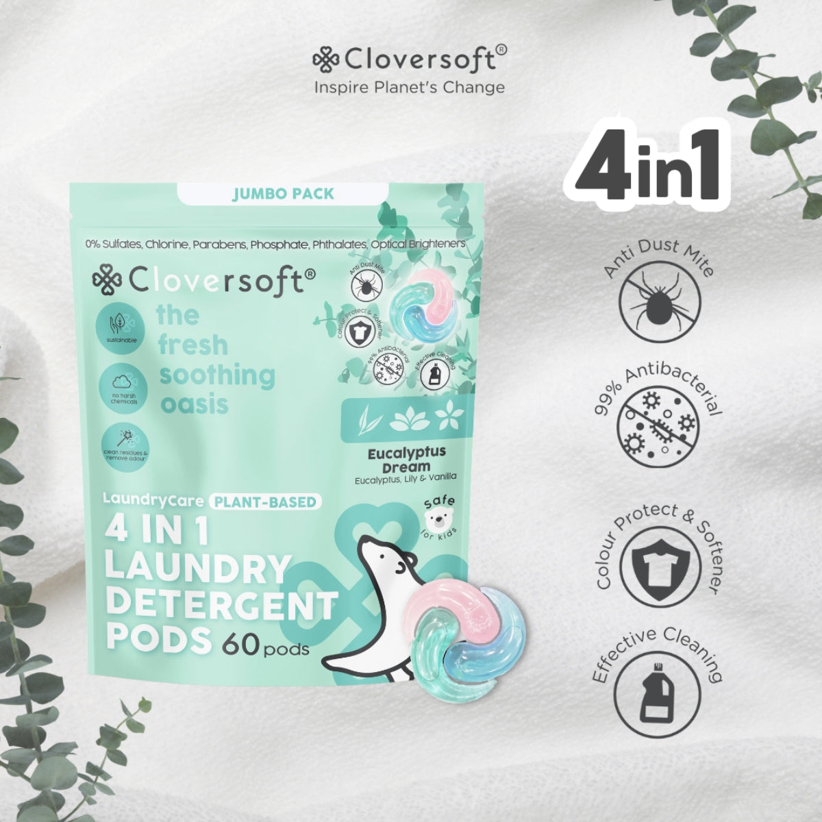 Cloversoft 4-in-1 Deluxe Plus+ Plant-Based Laundry Pods, 60 Pods - Eucalyptus Dream (Exp 08/27)