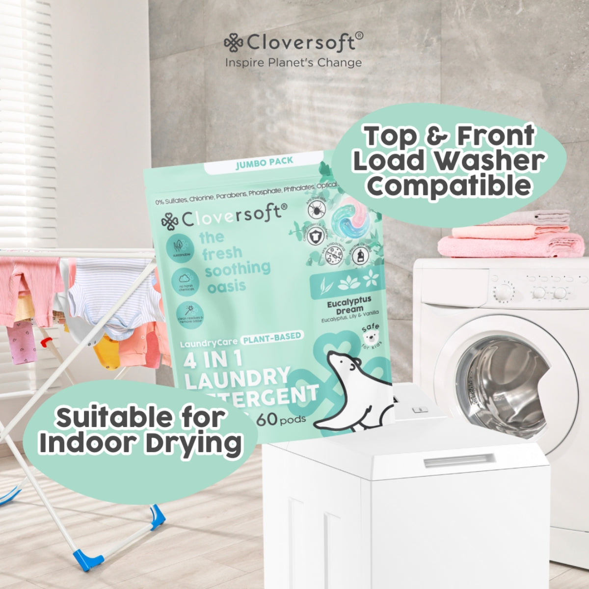 Cloversoft 4-in-1 Deluxe Plus+ Plant-Based Laundry Pods, 60 Pods - Eucalyptus Dream (Exp 08/27)