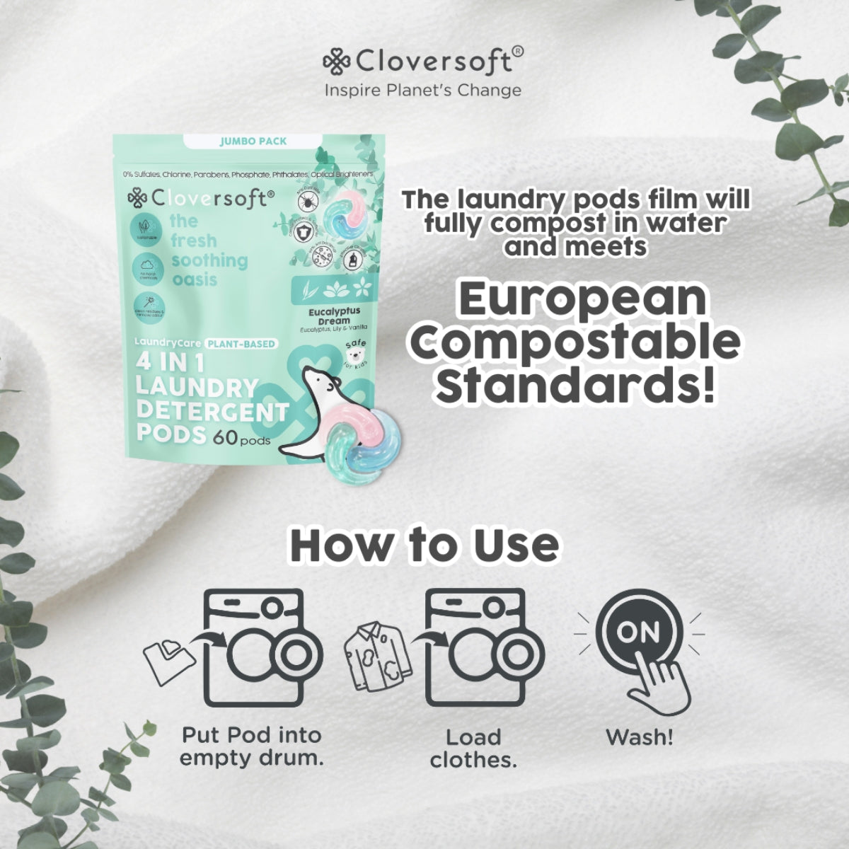 Cloversoft 4-in-1 Deluxe Plus+ Plant-Based Laundry Pods, 60 Pods - Eucalyptus Dream (Exp 08/27)