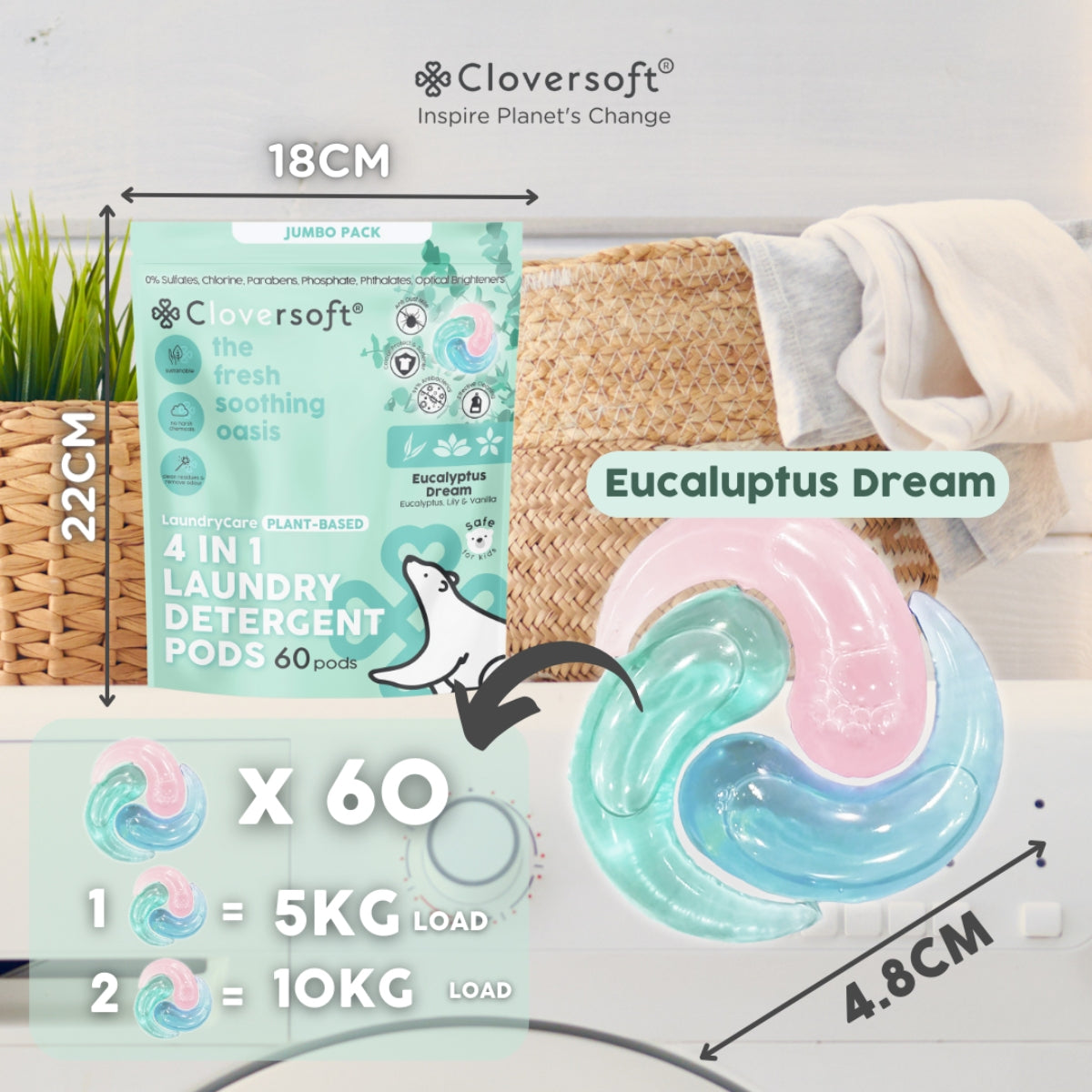 Cloversoft 4-in-1 Deluxe Plus+ Plant-Based Laundry Pods, 60 Pods - Eucalyptus Dream (Exp 08/27)