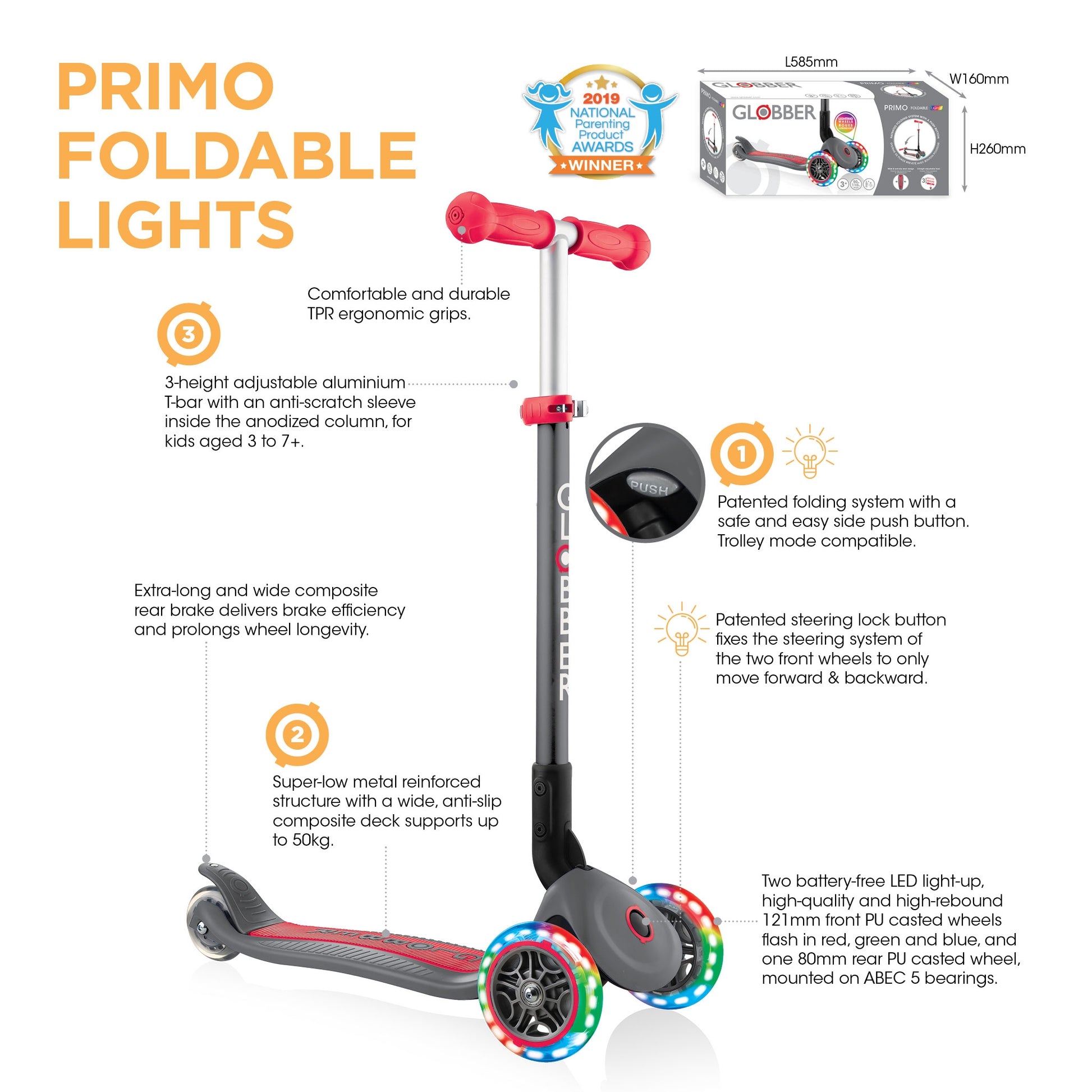 Globber Primo Height-Adjustable Foldable 3 Wheel Scooter (LED Wheels) (8 Colours) - Pupsik Singapore