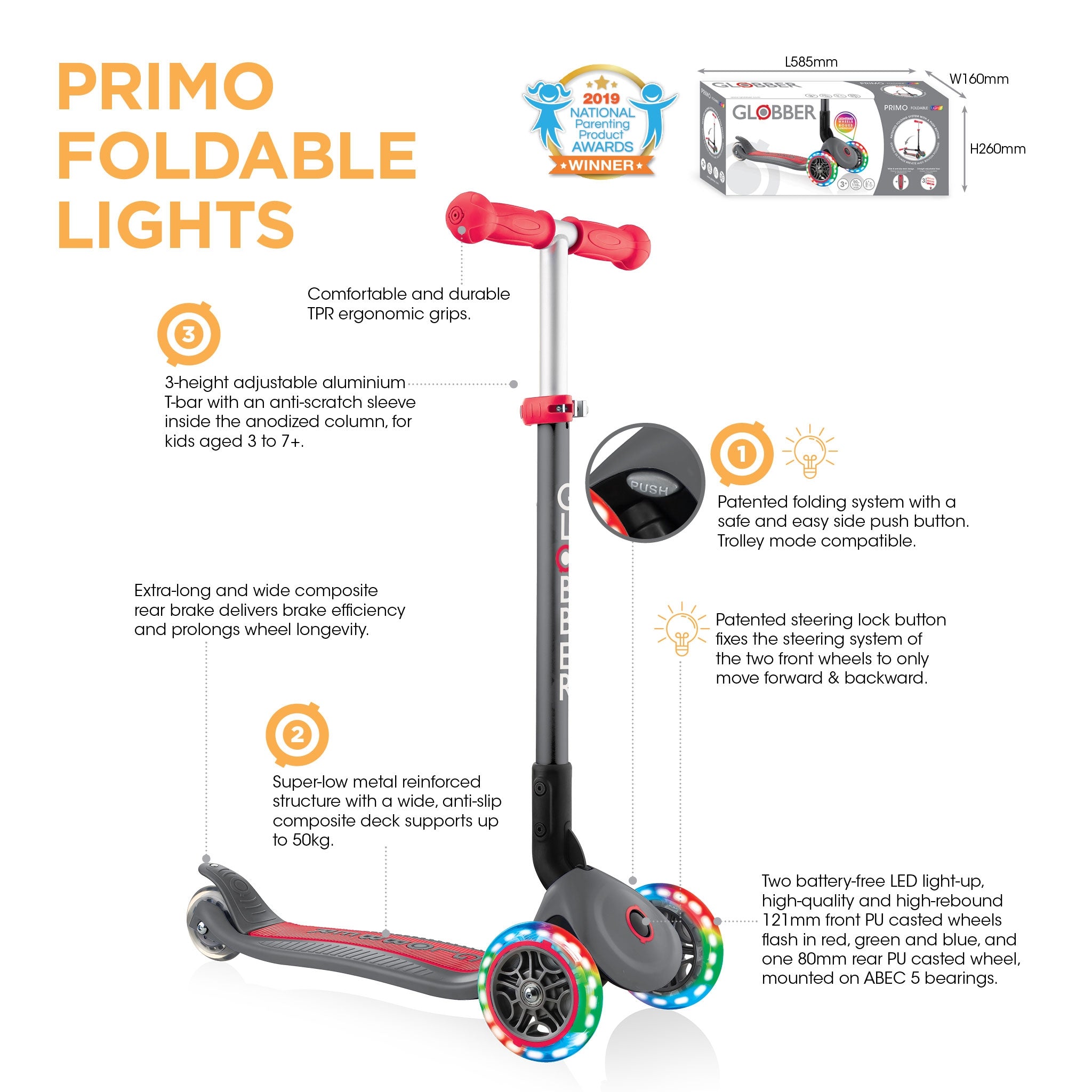 Globber Primo Height-Adjustable Foldable 3 Wheel Scooter (LED Wheels) (8 Colours)
