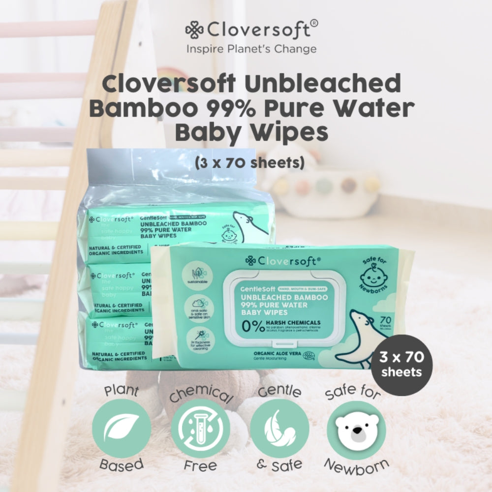 Cloversoft Unbleached Bamboo Organic Pure Water Baby Wipes (3 x 70 sheets) - Exp 04/28
