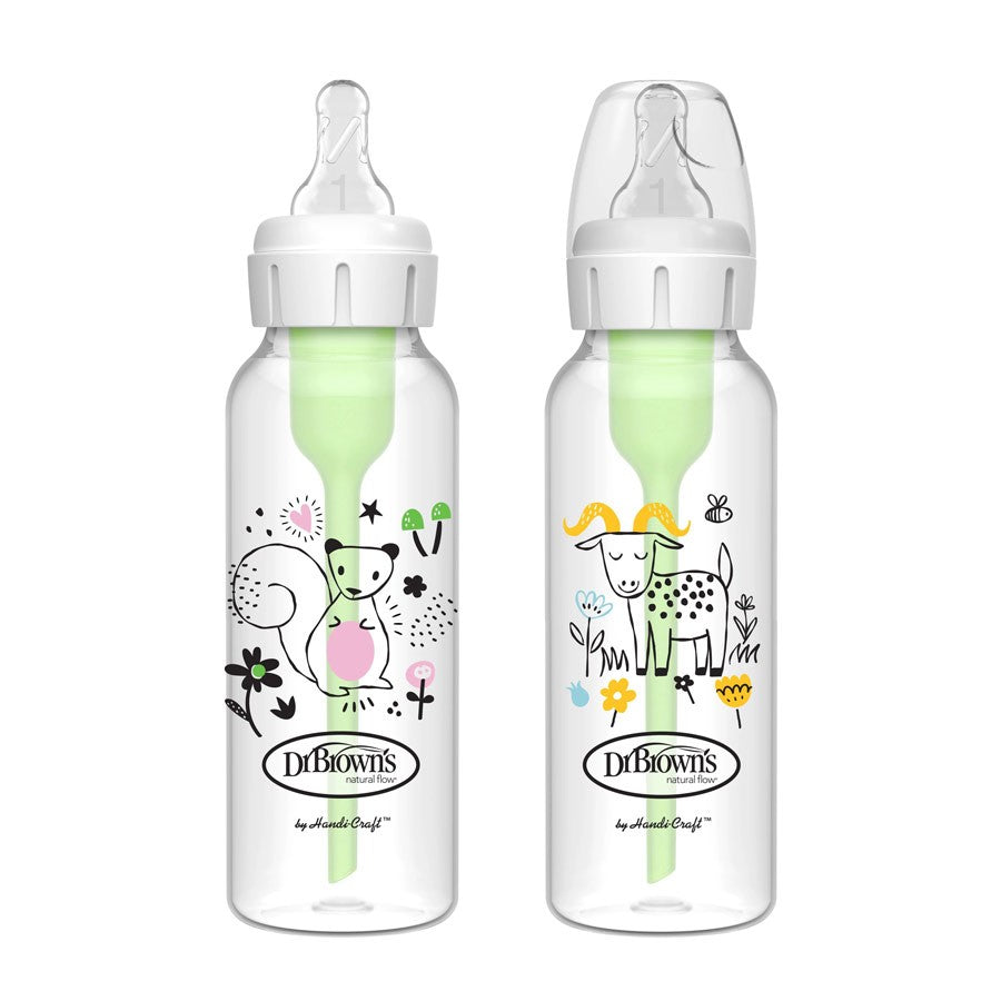 Dr. Brown's Natural Flow Anti-Colic Options+ Narrow Baby Bottle Level 1 Nipple, 8oz - 2pk (4 Designs)