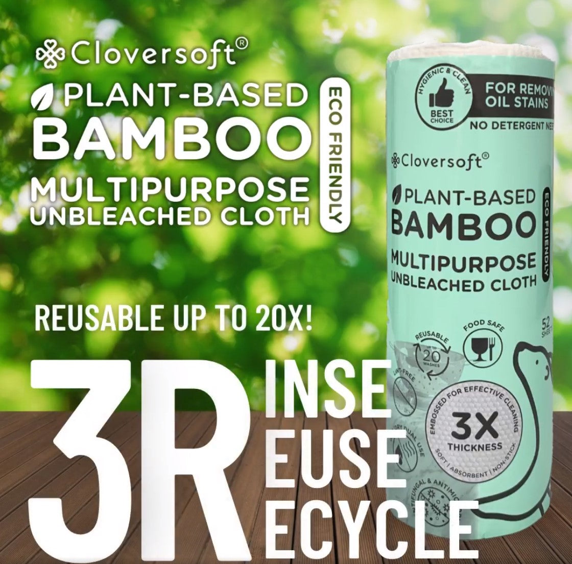 Cloversoft Plant-Based Unbleached Bamboo Multi Purpose Cloth Wipes (52 Sheets)