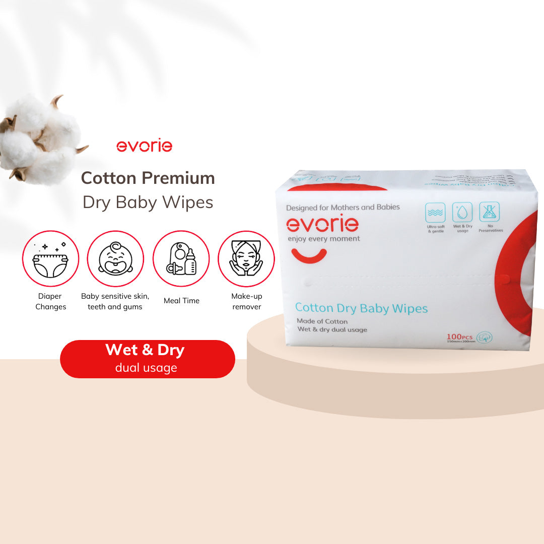 Evorie Premium Cotton Dry Baby Wipes (100 pcs) - Exp 03/28