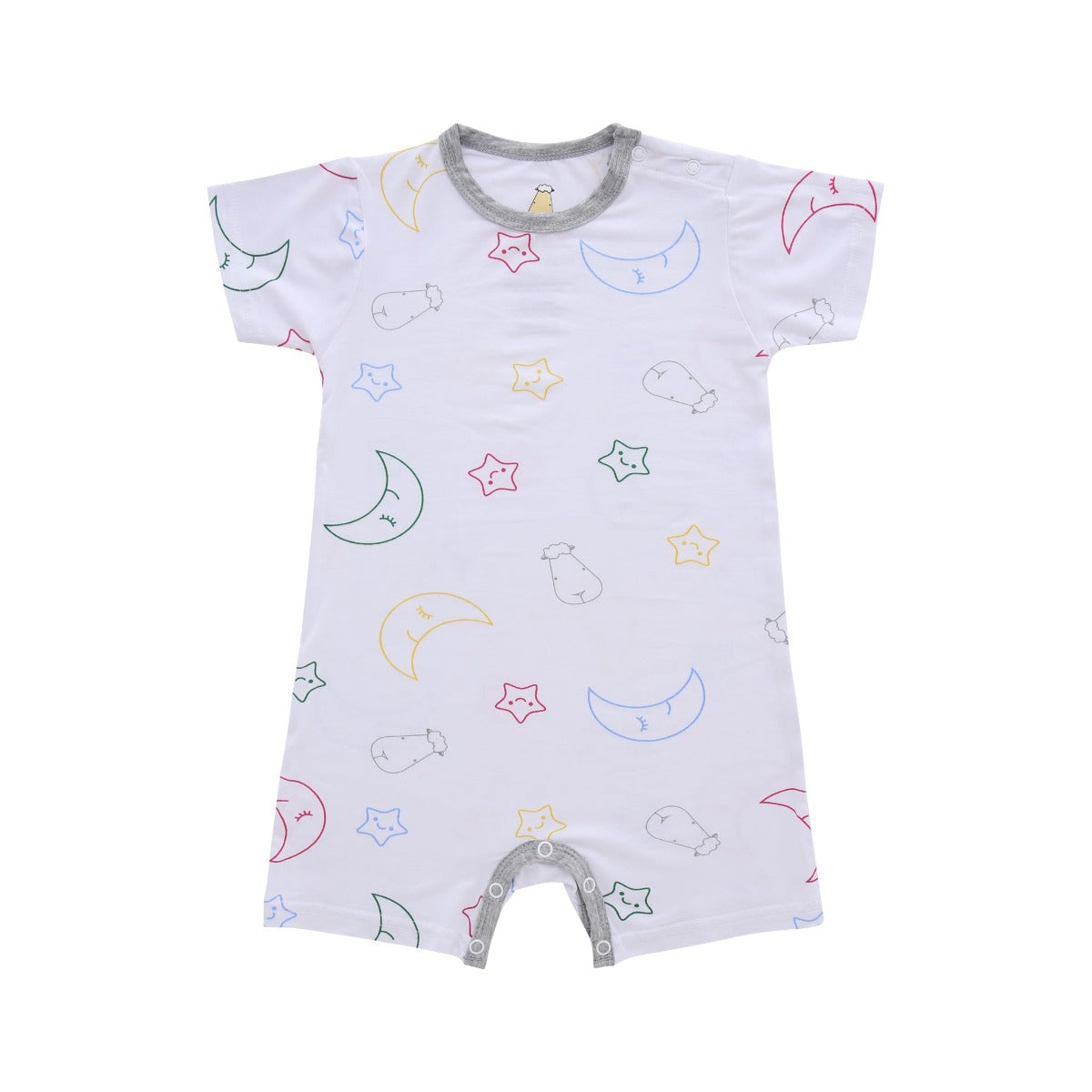 Baa Baa Sheepz Baby Short Sleeve Romper - Colourful Moon & Star w/ Grey Borders (3 Sizes)