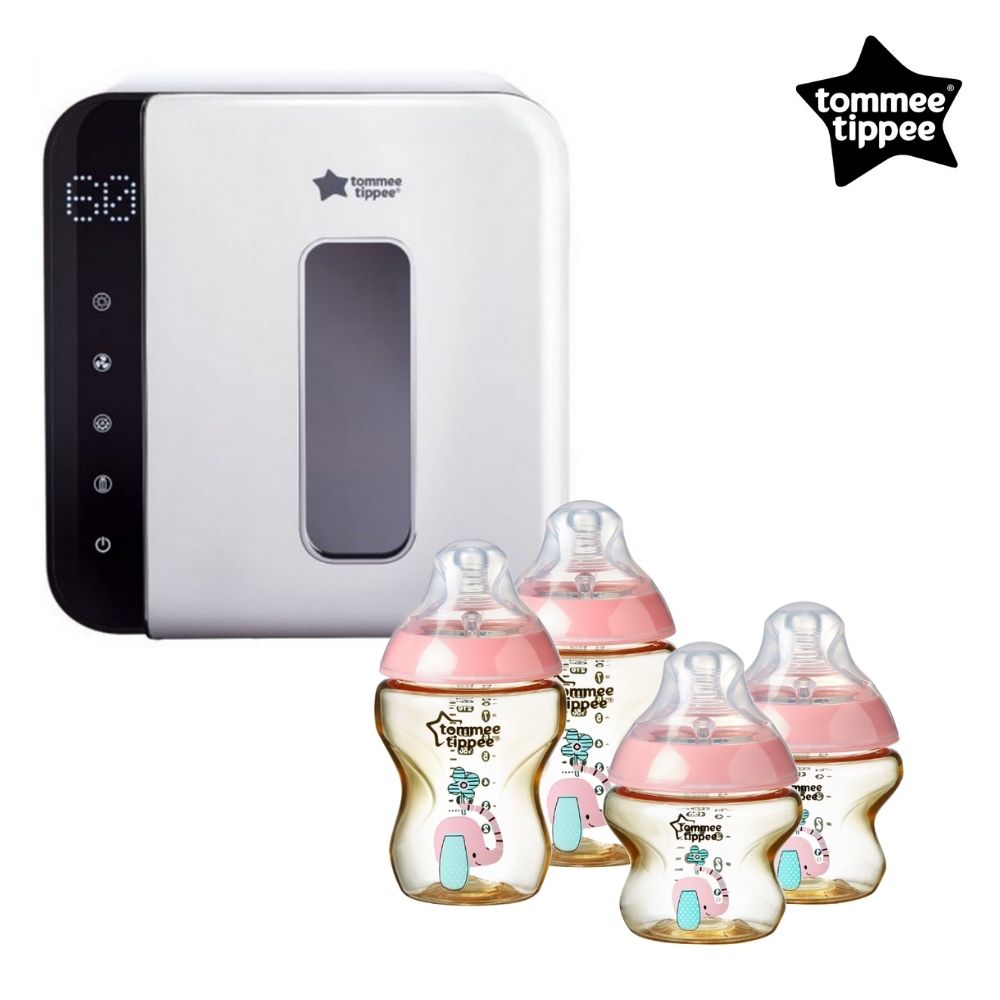 Tommee Tippee Ultra UV 3-in-1 Steriliser, Dryer and Storage + PPSU Newborn Starter Set Bottles (Pink) + Multiwarm Bottle & Pouch Warmer