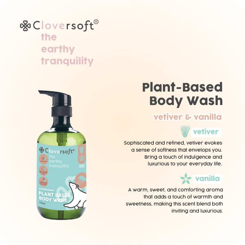 Cloversoft Plant-Based Body Wash, 750ml - Vetiver & Vanilla (Exp 05/27)