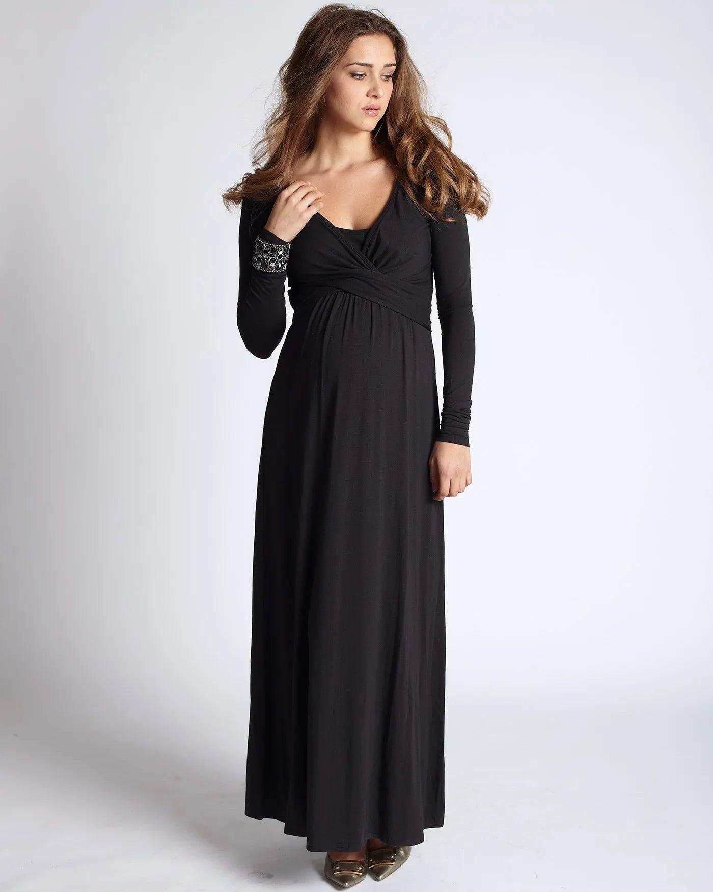 MEV Wrap Long Sleeve Maternity & Nursing Maxi Dress - Black | Pupsik Singapore MEV Wrap Long Sleeve Maternity & Nursing Maxi Dress - Black | Pupsik Singapore