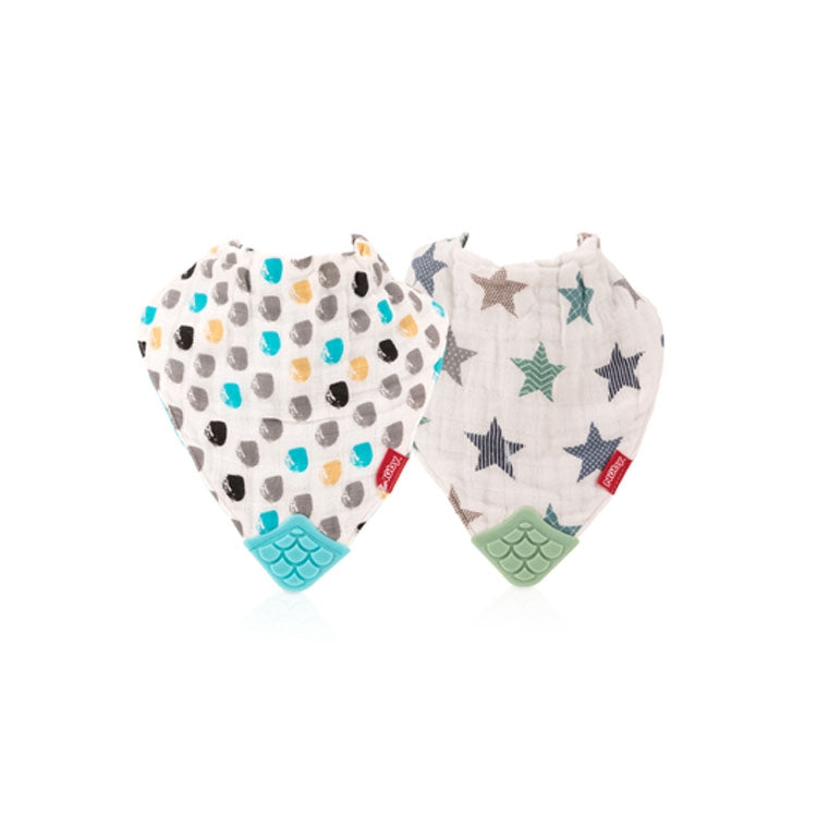 Nuby Soft Trends Cotton Muslin Bib with Teether, 2 pk - Assorted Colors