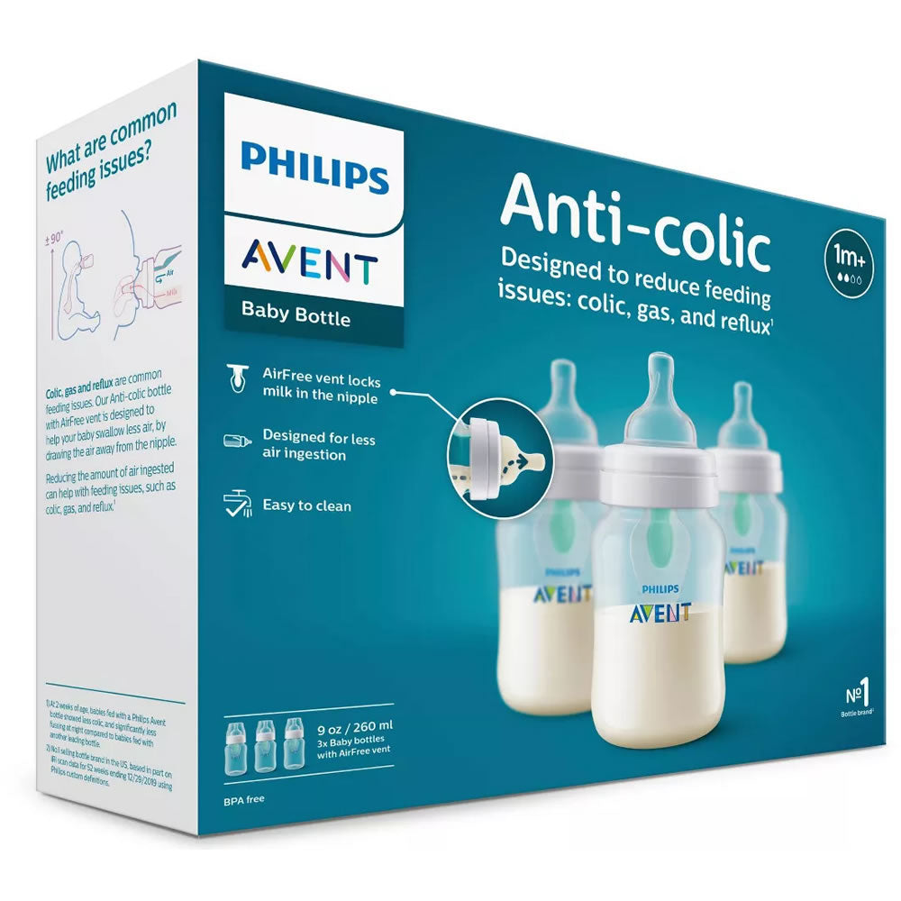 Philips Avent Anti-Colic Milk Baby Bottle with AirFree Vent, 9oz (3pk)
