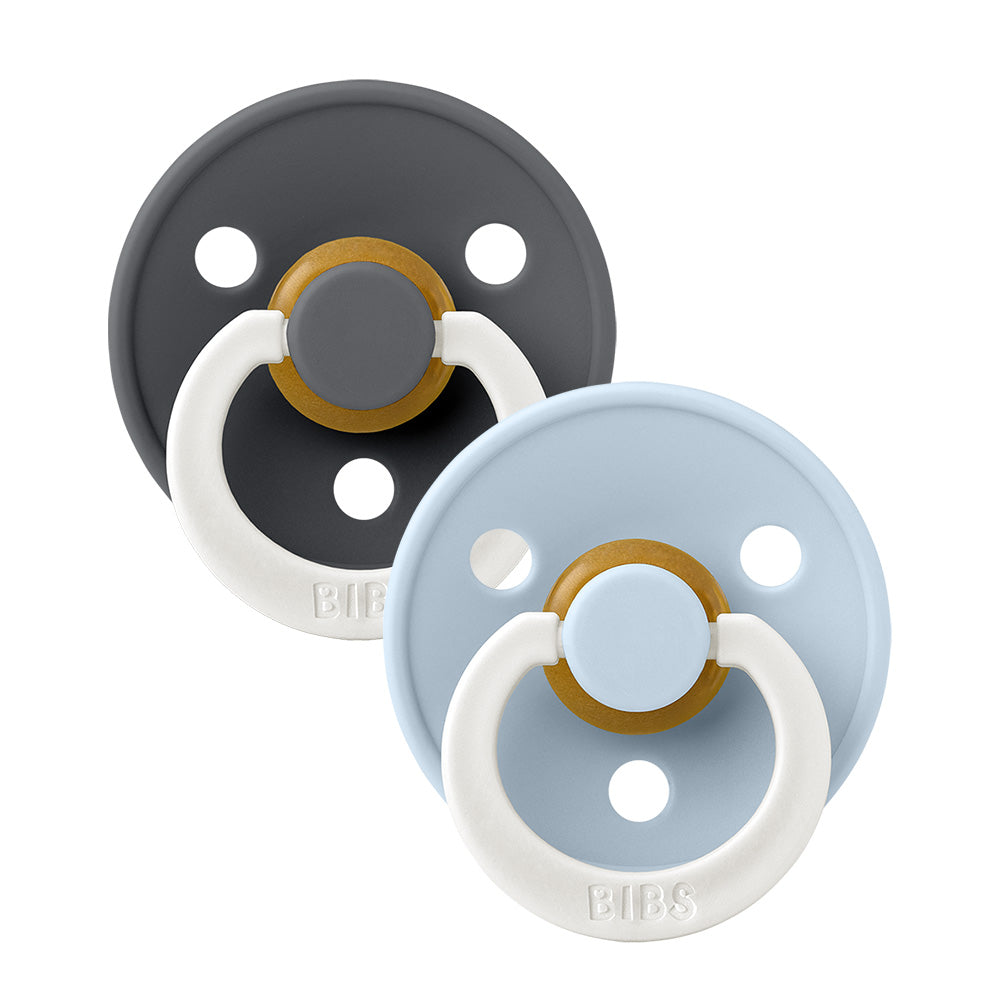 Bibs Glow in The Dark Round Pacifier (2pk) - Iron/Baby Blue (2 Sizes) - Made in Denmark/EU