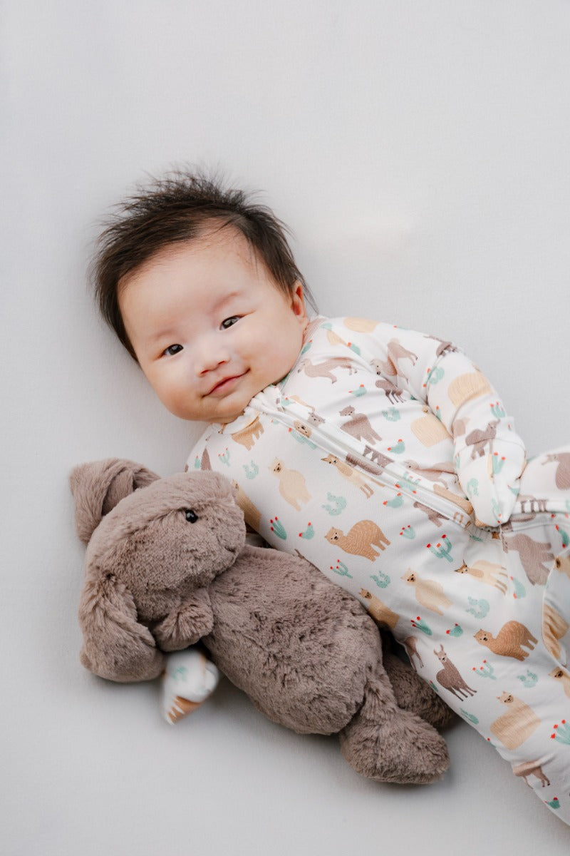A, Apple Pie Bamboo Baby Zip Long Sleeve Romper - Llamas & Cacti (5 Sizes)