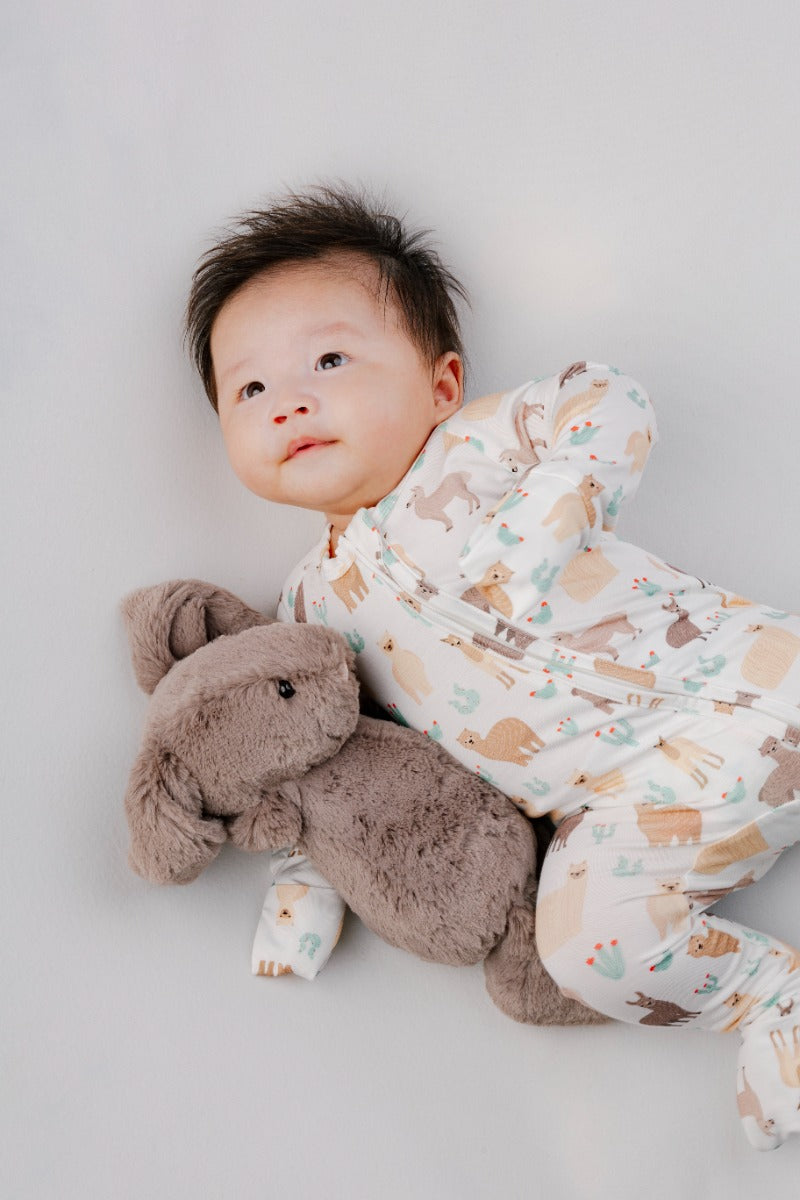 A, Apple Pie Bamboo Baby Zip Long Sleeve Romper - Llamas & Cacti (5 Sizes)