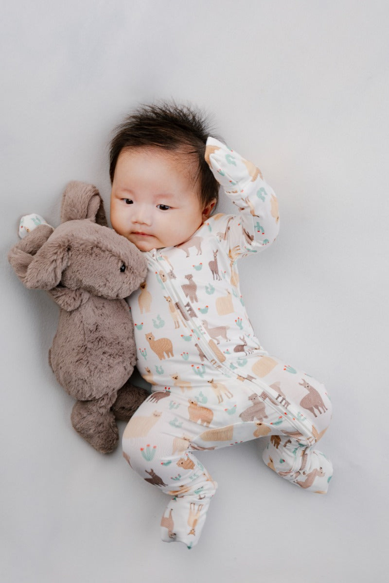 A, Apple Pie Bamboo Baby Zip Long Sleeve Romper - Llamas & Cacti (5 Sizes)