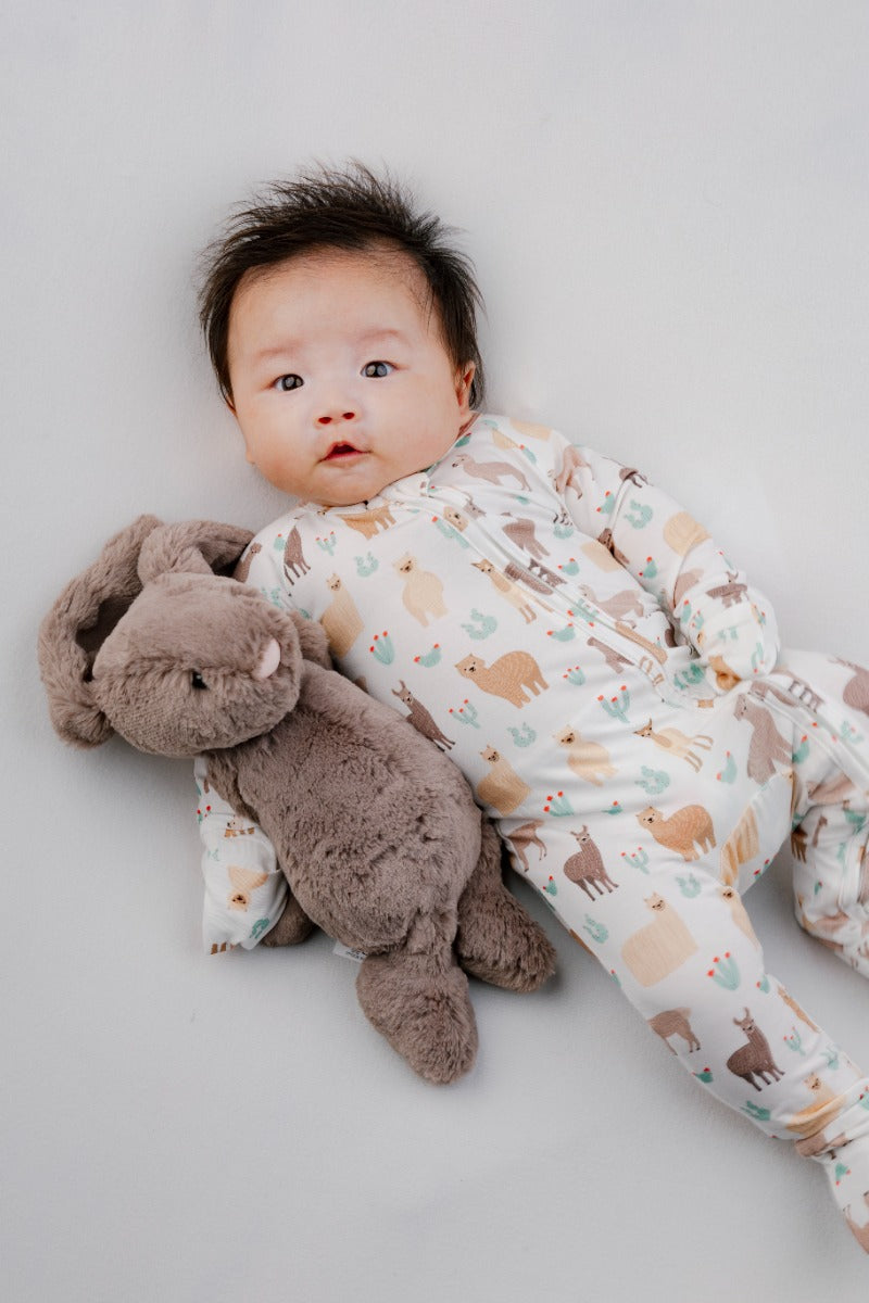 A, Apple Pie Bamboo Baby Zip Long Sleeve Romper - Llamas & Cacti (5 Sizes)