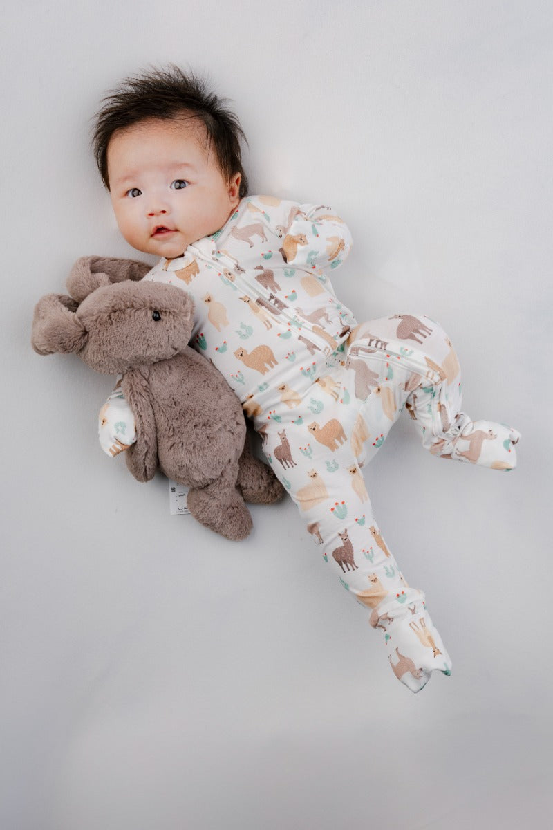 A, Apple Pie Bamboo Baby Zip Long Sleeve Romper - Llamas & Cacti (5 Sizes)