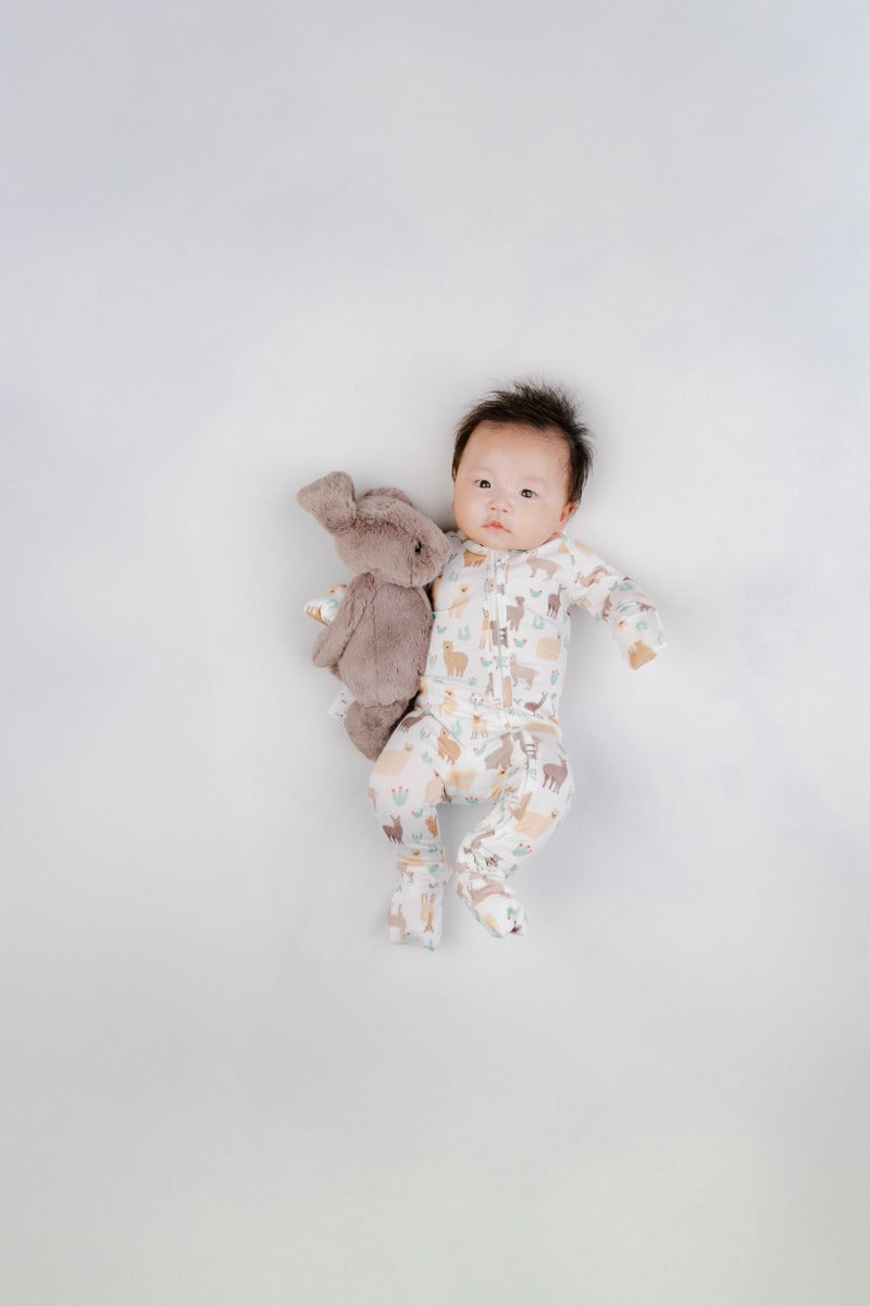 A, Apple Pie Bamboo Baby Zip Long Sleeve Romper - Llamas & Cacti (5 Sizes)