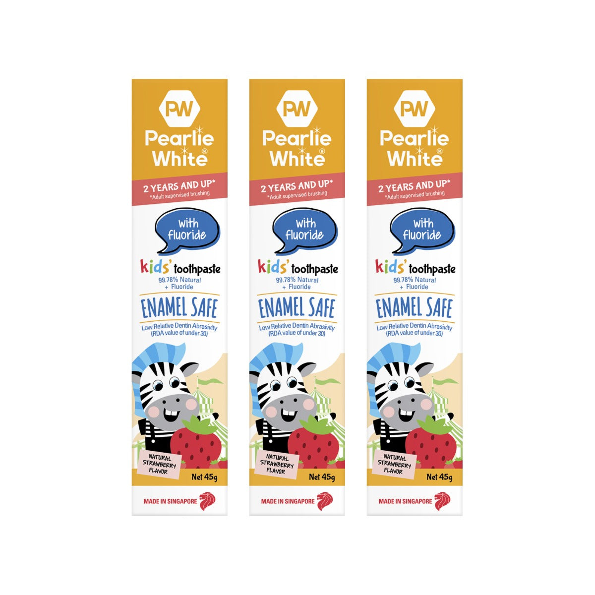 [3 Pack] Pearlie White Enamel Safe Kids’ Fluoride Toothpaste (Strawberry), 45g - exp 02/27