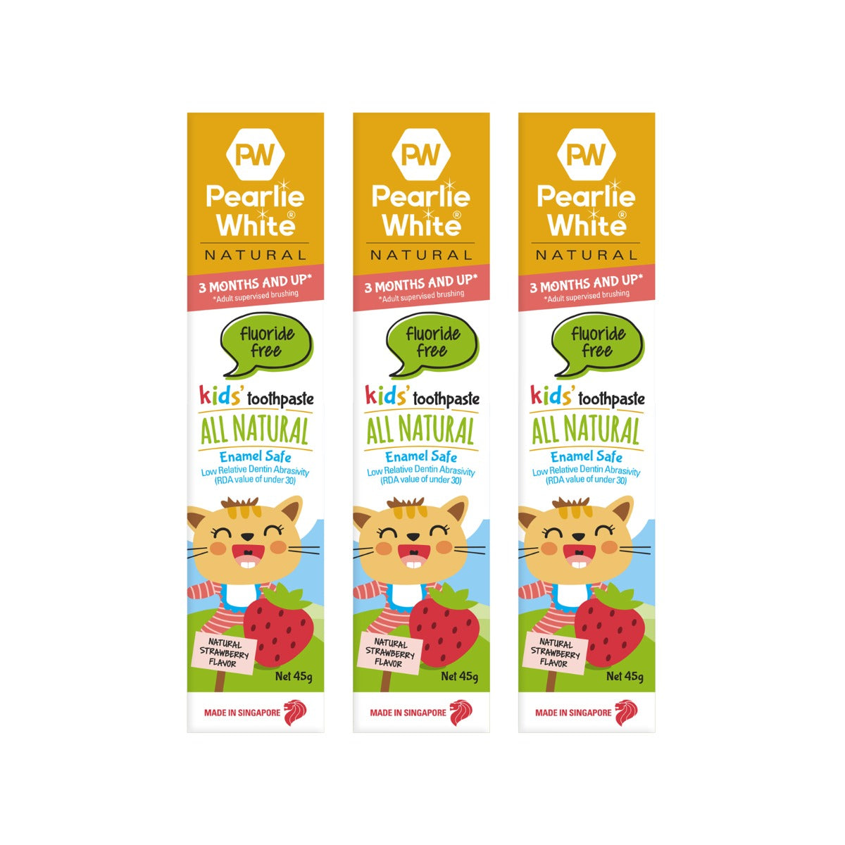 [3 Pack] Pearlie White All Natural Enamel Safe Flouride-Free Kids’ Toothpaste (Strawberry), 45g (Exp 03/28)