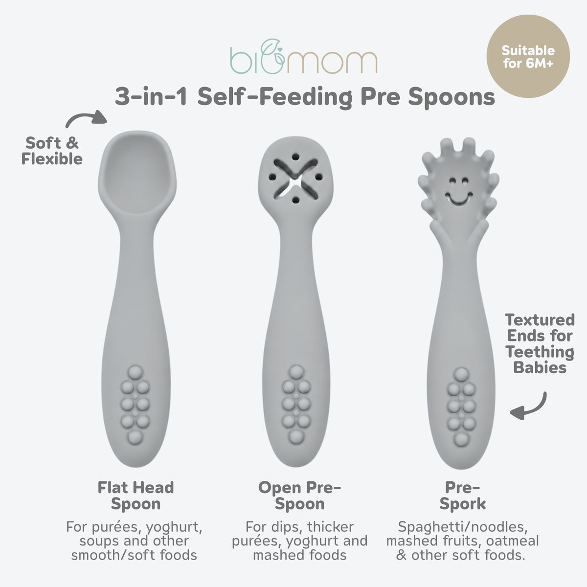 Biomom Self-Feeding Pre-Spoons, 3pk (5 Colours)