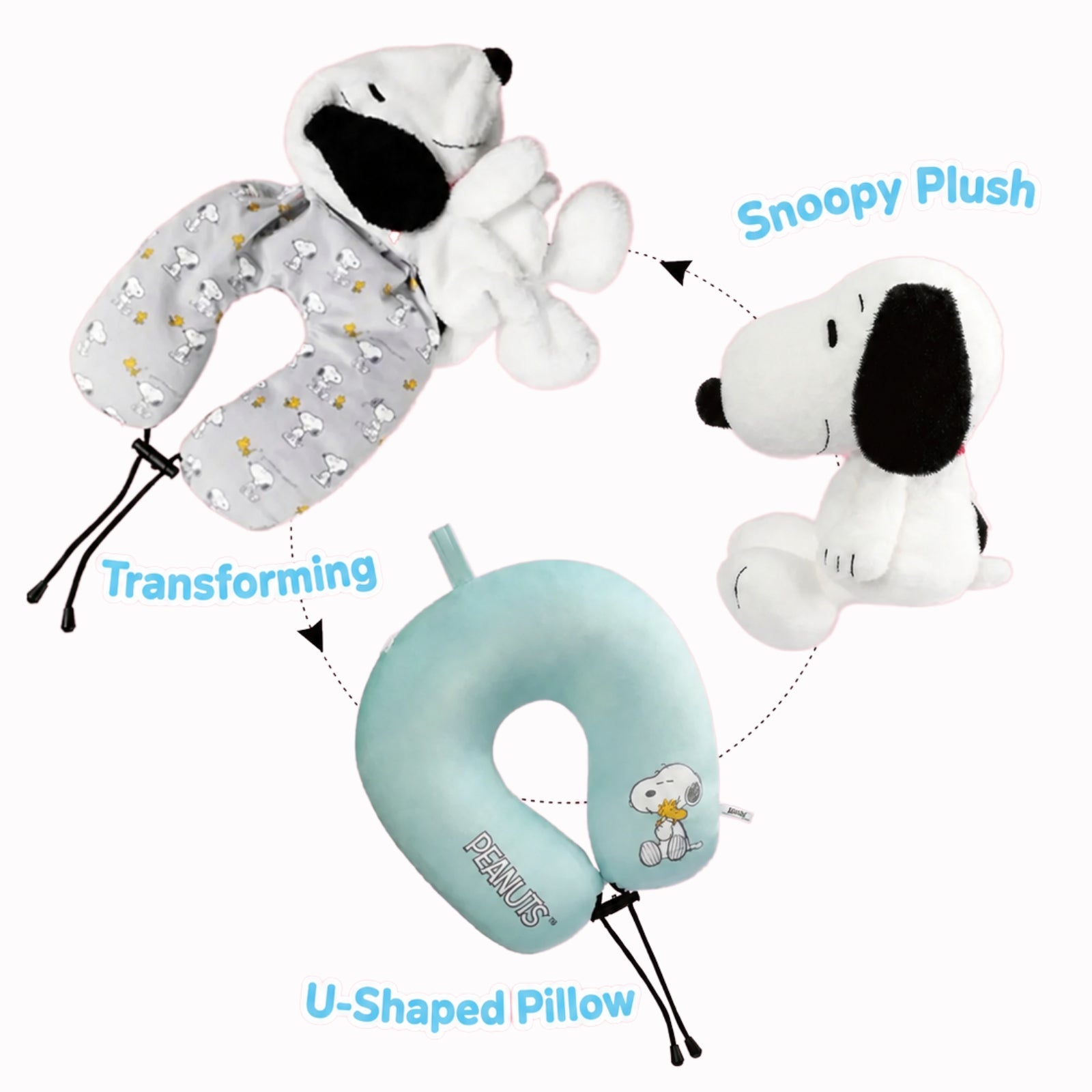 Peanuts x VIPO Snoopy Two-Way Convertible Neck Pillow and Plush - Grey/Blue