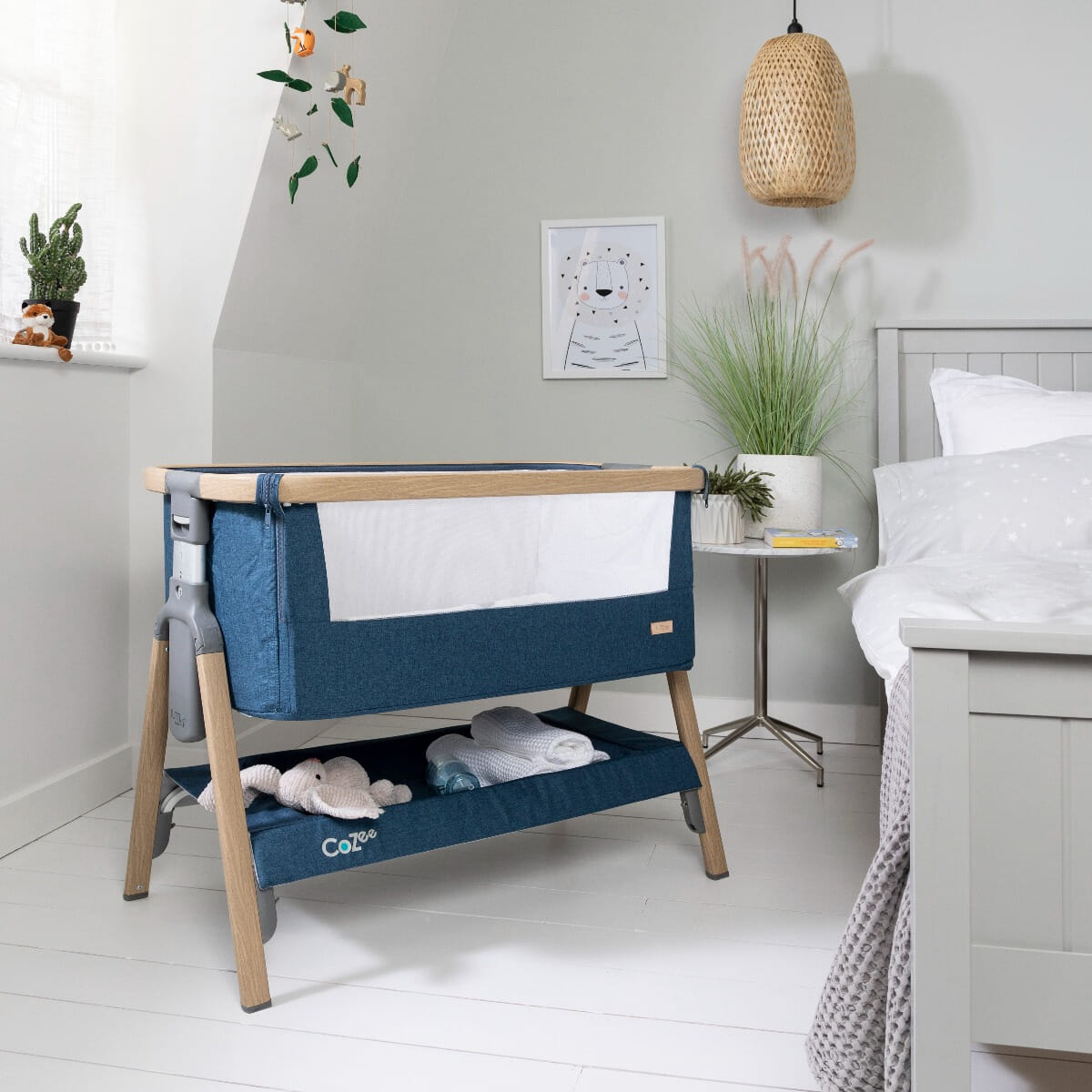 Tutti Bambini CoZee Bedside Co-Sleeper Crib - Oak & Midnight Blue