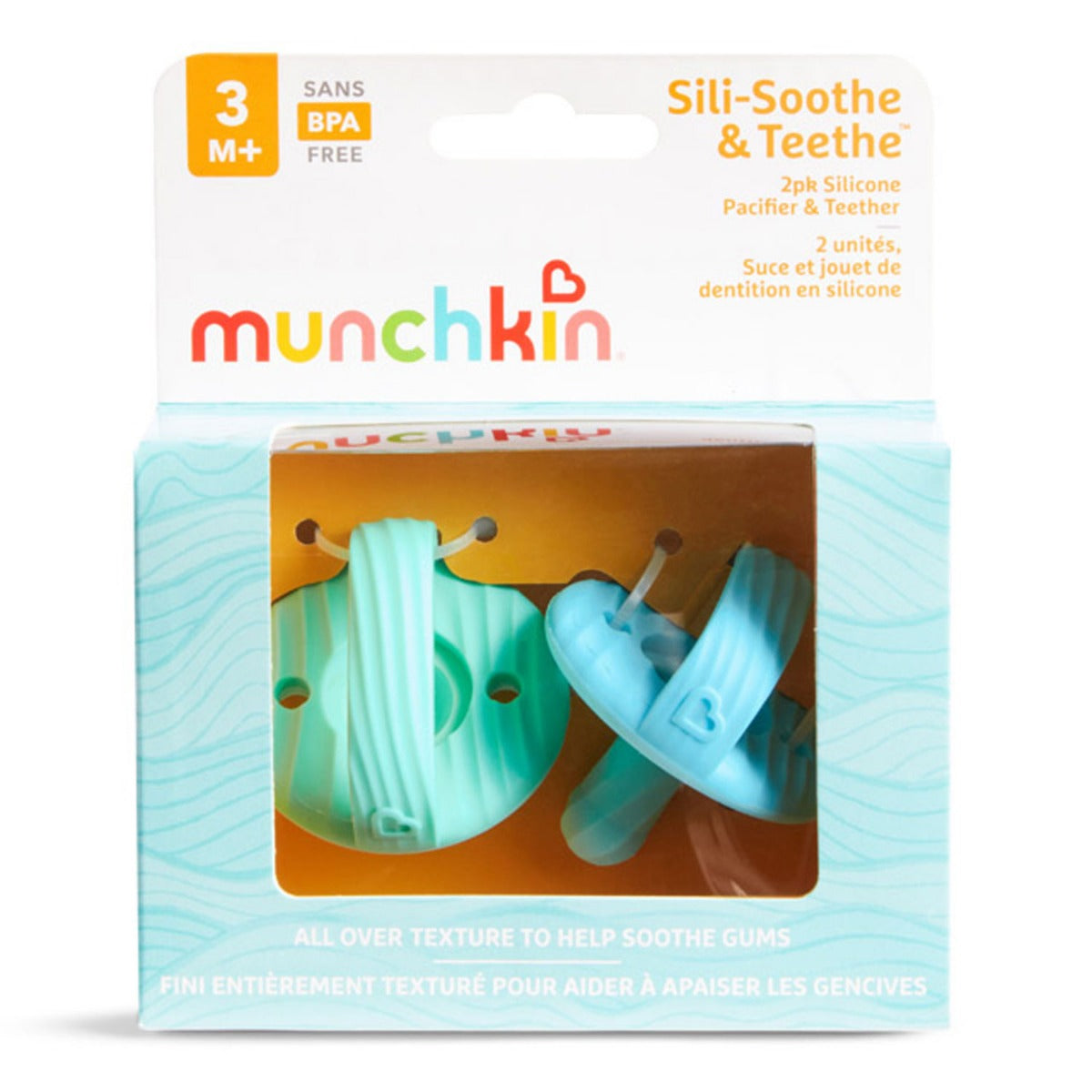 Munchkin Sili-Soothe & Teethe™ Silicone Pacifier & Teether, 2pk (2 Colors) - Pupsik Singapore