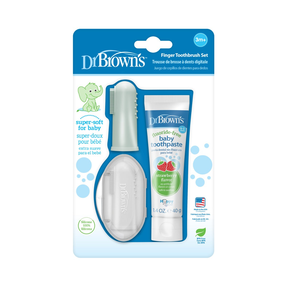 Dr. Brown's 100% Silicone Baby Finger Toothbrush, Gray/Green + Strawberry Baby Toothpaste for 0-3Y (Exp 10/27)