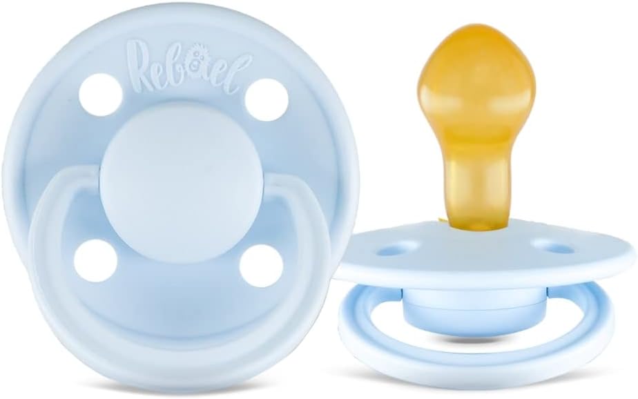 Rabael Mono Natural Rubber Round Pacifiers, 2pk - Almond/Tiny Sky (2 Sizes)