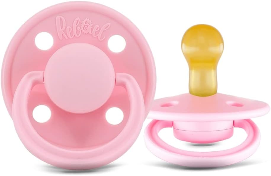 Rabael Mono Natural Rubber Round Pacifiers, 2pk - Sweet Pink/Champagne (2 Sizes)