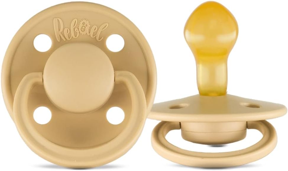Rabael Mono Natural Rubber Round Pacifiers, 2pk - Almond/Tiny Sky (2 Sizes)