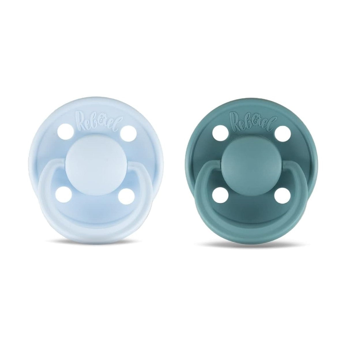 Rabael Mono Natural Rubber Round Pacifiers, 2pk - Tiny Sky/Powder (2 Sizes)